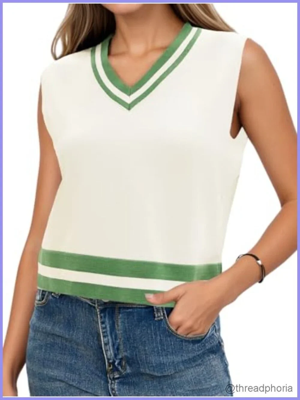 Cropped Sweater Vest V Neck Sleeveless Loose Fit Striped Knit Lightweight
